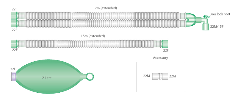 Circuit respiratoire extensible Compact™ 22mm avec raccord coudé luer, ballon 2L et branche, ≥ 2.0m