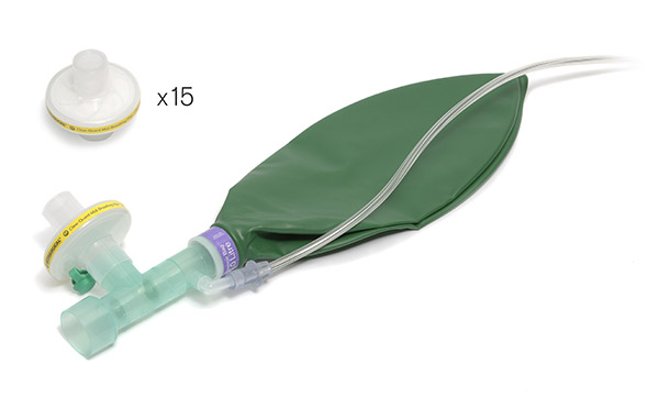 Kit composé de 1 dispositif O2/N2O avec ballon 2L et tuyau 2.0m, 15 filtres