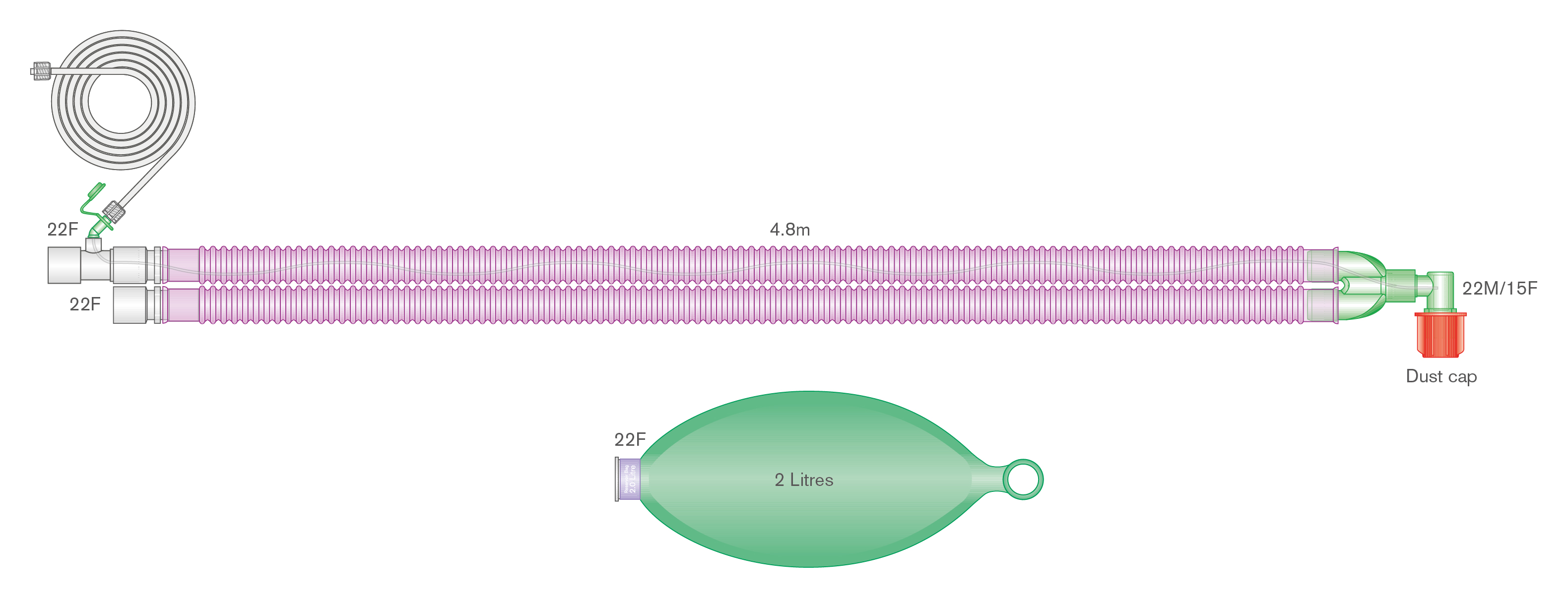 Circuit respiratoire 22mm Flextube antimicrobien Silver Knight avec ballon 2L et ligne de monitorage intégrée, ≥ 4.8m