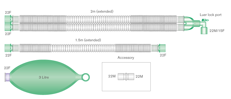 Circuit respiratoire extensible Compact™ 22mm avec raccord coudé luer, ballon 3L et branche, ≥ 2.0m