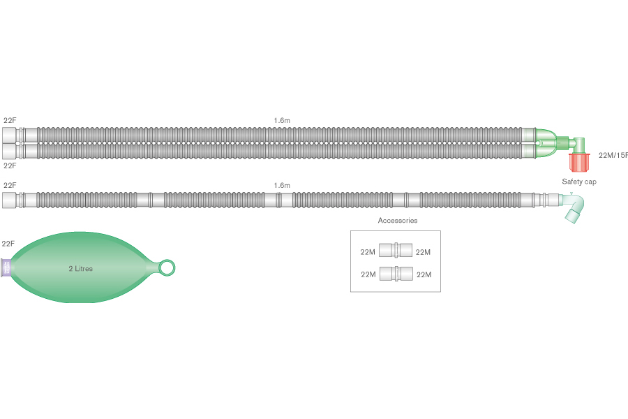 Circuit respiratoire Flextube 22mm avec raccord coudé, ballon 2L et branche pour Aisys™, Avance™, et Aespire™. ≥ 1.6m