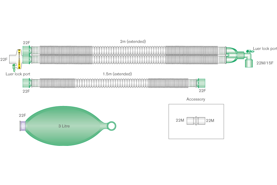 Circuit respiratoire extensible Compact™ 22mm avec raccord coudé luer, ballon 3L, branche et filtre, ≥ 2.0m