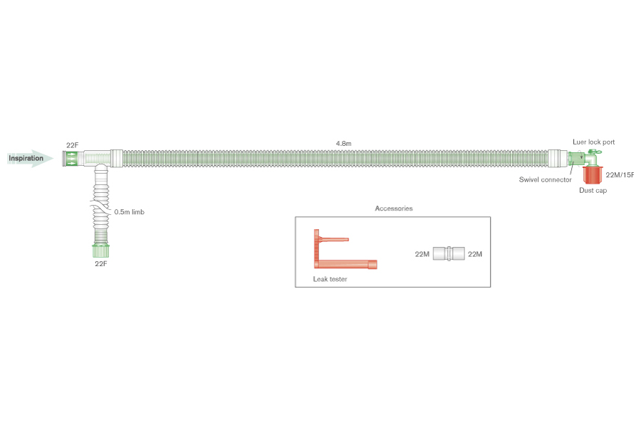 Circuit respiratoire coaxial UniFlow™ 30mm avec raccord coudé luer, ≥ 4.8m