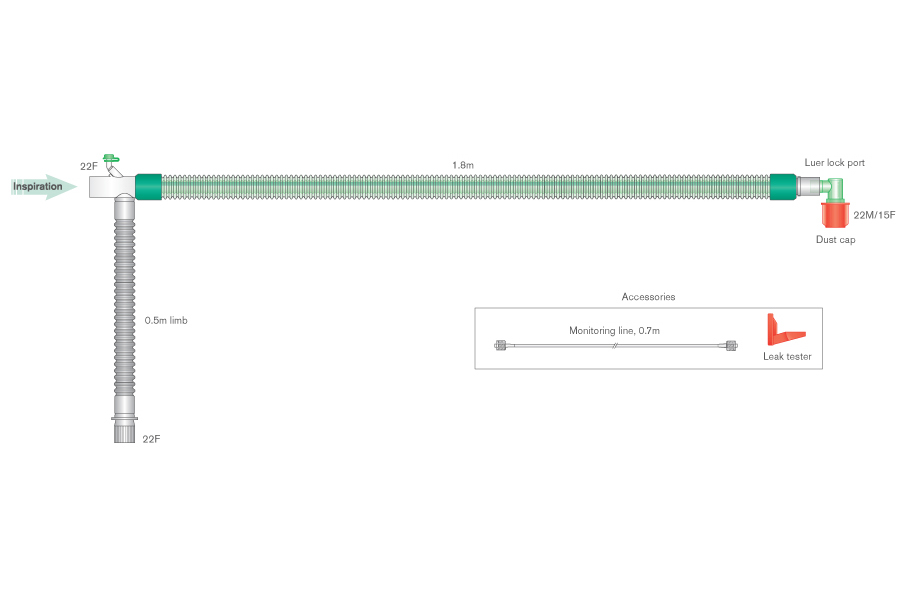 Circuit respiratoire 22mm DuoFlow, avec raccord coudé et ligne de monitorage intégrée, ≥ 1.8m