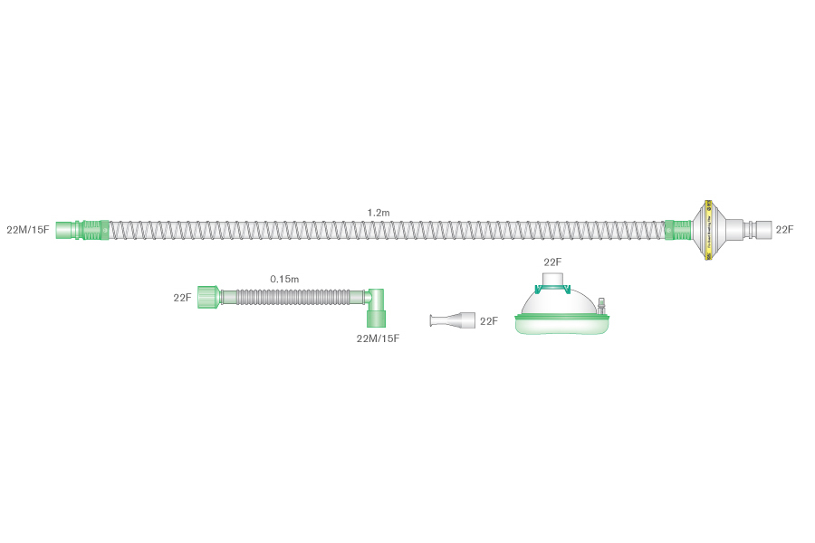 Circuit lisse pour désencombrement bronchique avec masque facial grand adulte, embout buccal et filtre, 1.2m