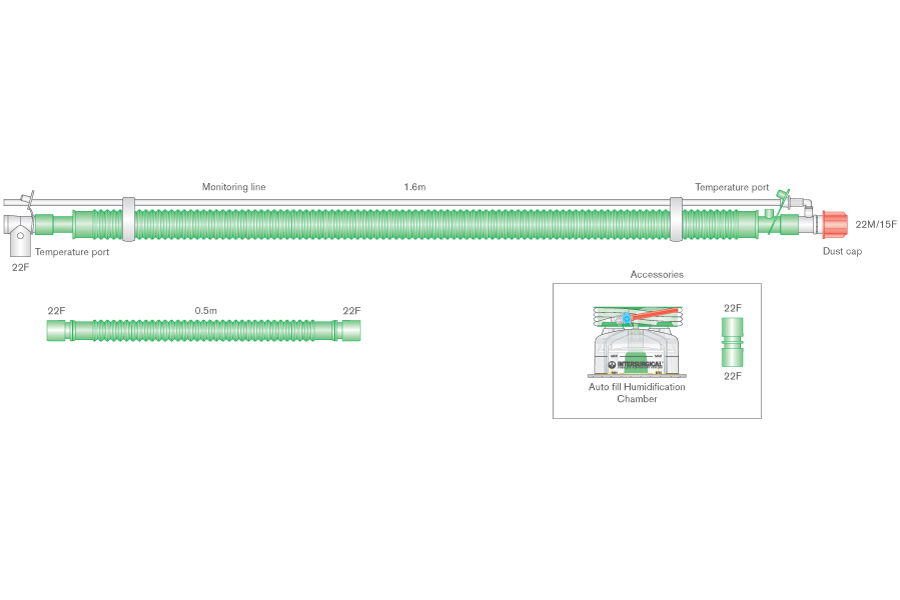 Circuit respiratoire 30mm Flextube pour VDNP, à fil chauffant, avec raccord patient à rotule, ligne de monitorage, chambre autoremplissage et branche supplémentaire. ≥ 1.6m