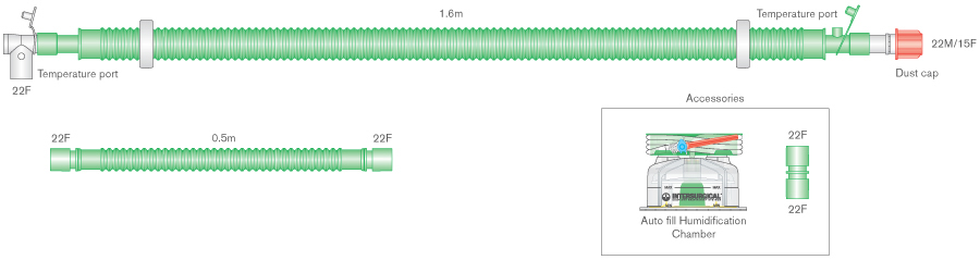 Circuit respiratoire 30mm Flextube pour VDNP, à fil chauffant, avec raccord patient à rotule, chambre autoremplissage et branche supplémentaire. ≥ 1.6m