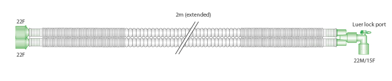 Circuit respiratoire extensible Compact 15mm avec raccord coudé luer. ≥ 2m